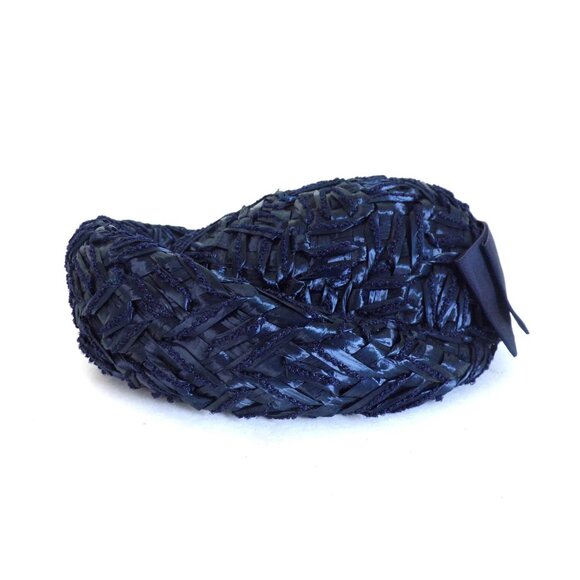 Vintage 60s Straw Hat Navy Blue Round 1960s Fascinator Cap Ribbon Bow Front Brim - Picture 5 of 10